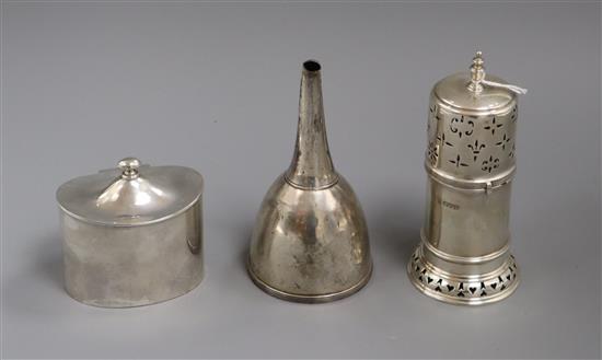 A George V silver lighthouse sugar caster, a silver mustard and part of a Georgian silver wine funnel.